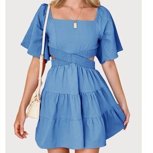 Short sleeve blue dress with open back detail